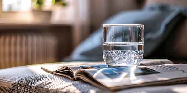 A glass of water on a table in soft natural light